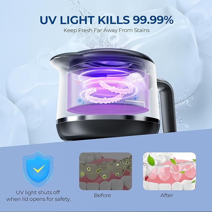 Ultrasonic Retainer Cleaner Machine - 45kHz Ultrasonic Cleaner - 200ML Mouth Guard & Denture Cleaner Pod & Jewelry - 5 Modes with Digital Timer - Upgrade Water Bottle Design