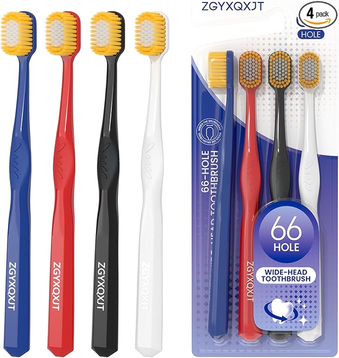 Adult Wide Head Soft Hair Toothbrush, Manual Toothbrush, Excellent Cleaning Effect for Large Head, Ultra Soft Brush Double Bristle Cleaning Effect is Better 4count（Pack of 1）