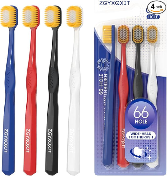 Adult Wide Head Soft Hair Toothbrush, Manual Toothbrush, Excellent Cleaning Effect for Large Head, Ultra Soft Brush Double Bristle Cleaning Effect is Better 4count（Pack of 1）