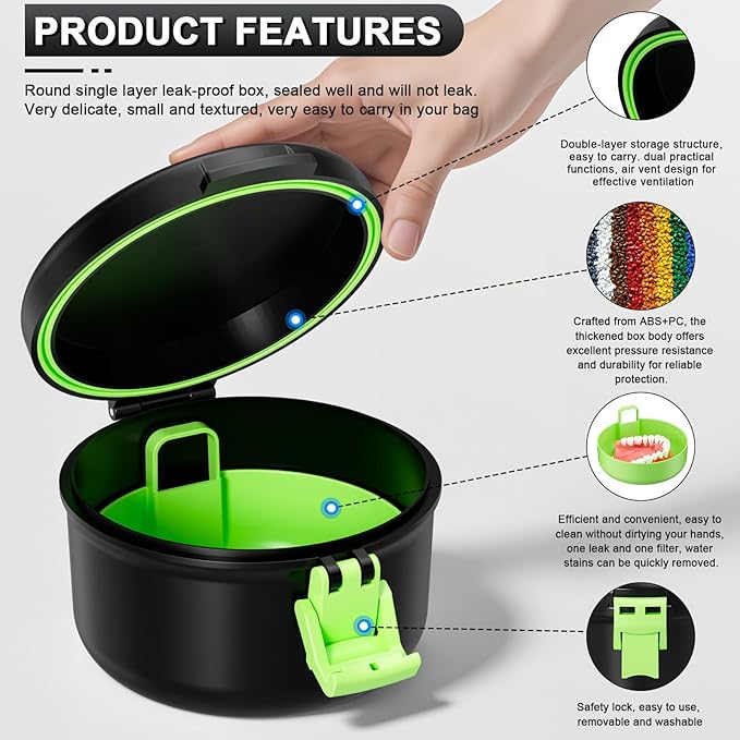 Denture Bath Cup, Leak Proof Denture Case for Travel, False Teeth Container for Soaking Dentures & Retainer, Retainer Cleaner Case, Black+Light Green.
