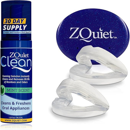 ZQuiet, Anti-Snoring Mouthpiece (Blue) + Cleaner (1.5oz Bottle), Starter Pack with 2 Sizes, Made in USA, BPA-Free, Medical-Grade Material, Clear