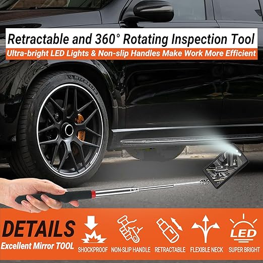 HERKING Stocking Stuffers for Men - Telescoping Inspection Mirror with LED Light, Square Mechanic Mirror Tool, Christmas Gifts for Men, Mens Gifts Idea for Dad, Husband, Boyfriend, Handyman