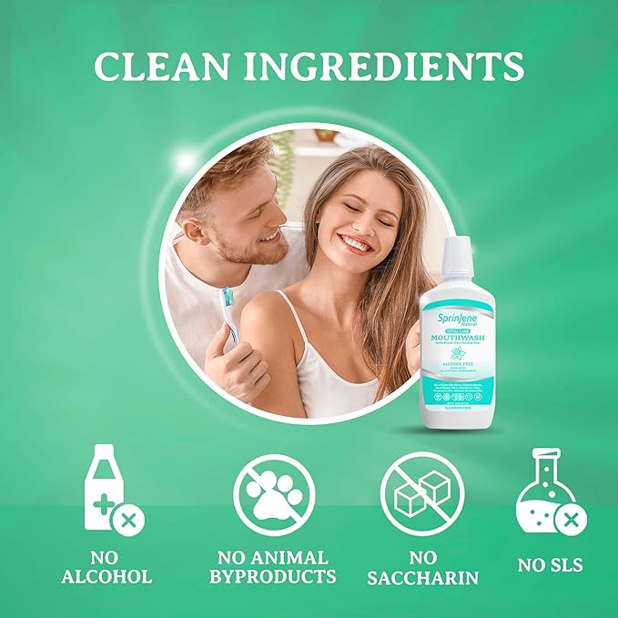 SprinJene Natural Sensitivity Relief, Fluoride Free Toothpaste for Sensitive Teeth (4 Pack) + Fluoride Free & Alcohol Free Mouthwash