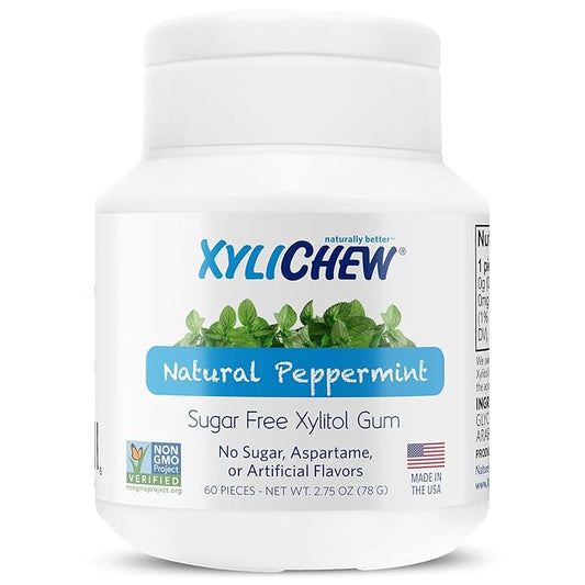 Xylichew 100% Xylitol Chewing Gum - Non GMO, Non Aspartame, Gluten Free, and Sugar Free Gum - Natural Oral Care, Relieves Bad Breath and Dry Mouth - Peppermint, 240 Count