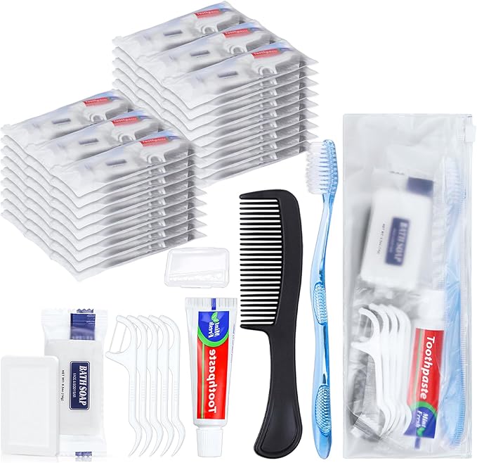 50 Sets Personal Hygiene Kit Basic Toiletry Kits Homeless Supplies Bulk for Women,Men,Travel,Charity,Business Include 50 Toothbrush, 50 Toothpaste, 50 Comb, 50 Bath Soap and 250 Floss Picks