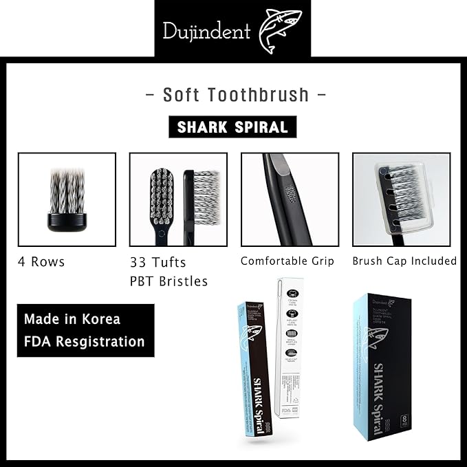 Toothbrush [Made in Korea] Shark Spiral Extra Soft Toothbrush for Plaque Removal, Gentle on Gums, Implant (8 Packs)