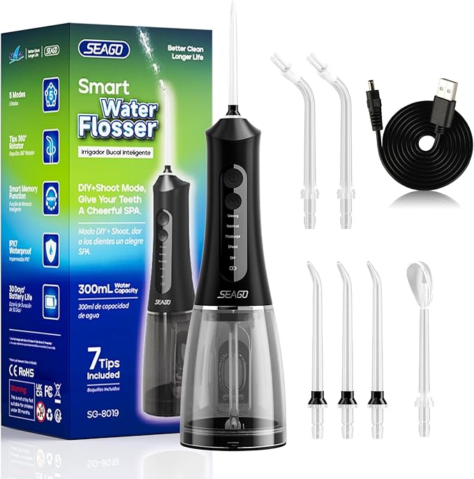 SEAGO Water Dental Flosser Cordless for Teeth, 5 Modes and 7 Nozzles, Dental Water Flosser 300mL, DIY Mode Memory Function, IPX7 Waterproof Dental Flosser, SG8019 Black
