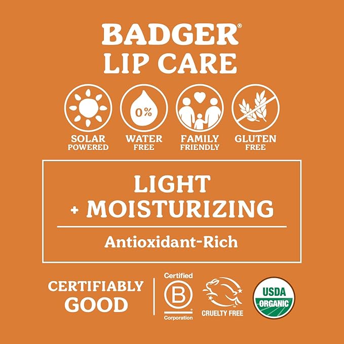 Badger Lavender Orange Classic Lip Balm, 100% Organic Balm, Long Lasting Lip Care w/Light Silky Texture, Uplifting Orange & Calming Lavender Lip Balm, 4 Pack