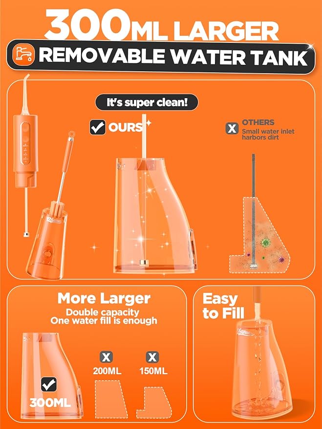 Water Dental Flosser Teeth Pick: Portable Cordless 4 Modes Flossers Pic 300ML Rechargeable Floss Pik Powerful IPX7 Waterproof Oral Irrigator for Cleaning Gum Care Braces for Home Travel
