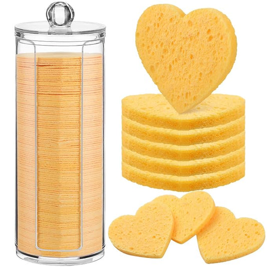 Sieral 120 Pcs Compressed Facial Sponges with Container Disposable Face Sponge Pads for Washing Face Cleansing Exfoliating Esthetician Makeup Removal(Heart,Yellow)