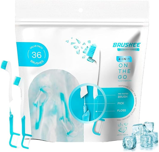 Brushee The Evolution Oral Care Whitening | Prepasted On-The-Go Whitening Toothbrushes | 4-in-1 (Paste + Brush + Floss + Pick) | Individually Wrapped | Disposable | Travel Toothbrushes (Pack of 36)