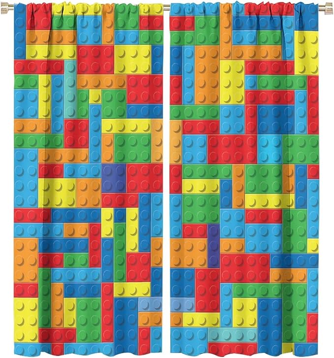 Colorful Building Block Toy Printed Curtains, Building Blocks, Curtains, Fun Brick 3D Design, Kids, Teens, Girls, Boys, Living Room, Bedroom, Window Treatment Panels, 2 Panels 55x63in