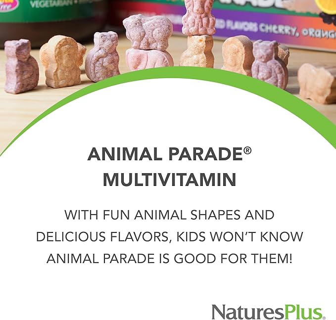 NaturesPlus Animal Parade Children's Chewable Multivitamin - 180 Animal-Shaped Tablets - Natural Assorted Flavors - Vegetarian, Gluten Free - 90 Servings