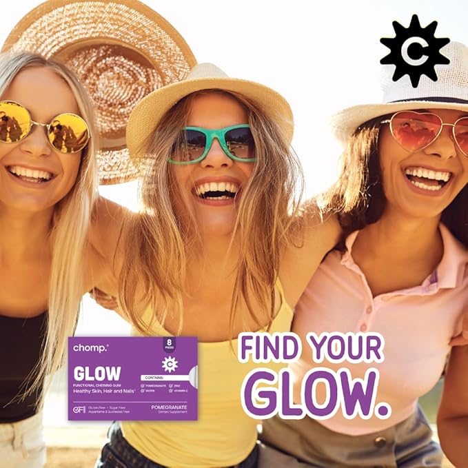 Chomp Gums - Glow - Beauty Gum (1 Pack) - Healthy Chewing Gum - Pomanox + Biotin + Zinc - Supports Healthy Skin, Hair, & Nails - Pomegranate Flavor - Gluten & Sugar Free - Aspartame & Sucralose Free