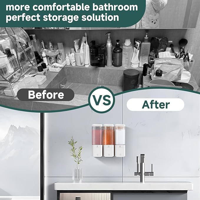Shampoo and Conditioner Dispenser 3 Chamber No Drill Shampoo Dispenser for Shower Wall Mounted Shower Soap Dispenser 3 * 500ml Refillable Shower Dispenser for Bathroom Hotel(Cream White 3 Chamber)