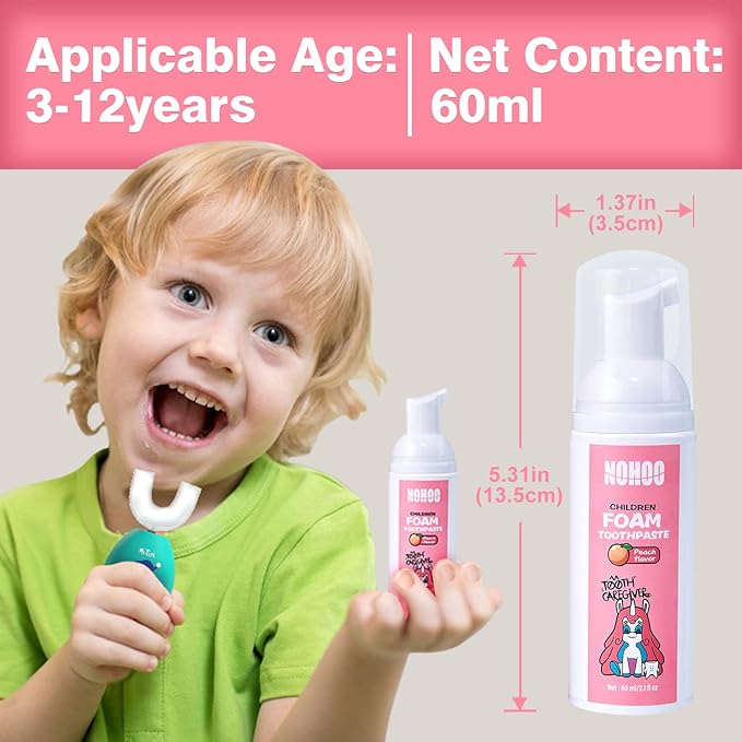 NOHOO Fluoride Free Foam Toothpaste Kids Peach Flavour,Natural Training Toothpaste for Baby Toddler Children Oral Cleaning and Cavity Protection(2 Pack)