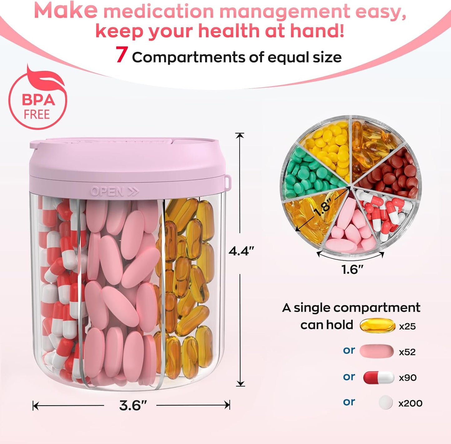 Pill Dispenser with 7 Large Compartments, Pill Bottle Organizer for Travel, Supplement Organizer with Anti-Mixing Design, BPA-Free Pill Container with 20 Pcs Labels, Pink + Black 2pcs