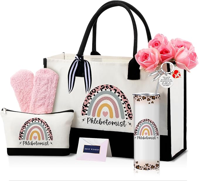 Geiserailie 8 Pcs Phlebotomist Week Gifts for Women Including Large Tote Bag Cosmetic Bags Tumbler Cup Plush Socks Metal Keychain Card and Envelope for Phlebotomist Week Thank You Gifts