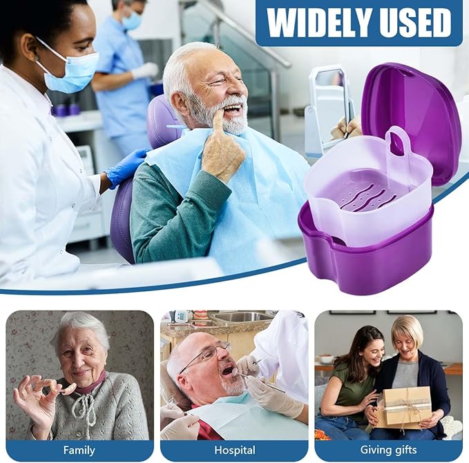 Purple Denture Bath Case Cup Box Holder Storage Container with Denture Cleaner Brush Strainer Basket for Travel Cleaning