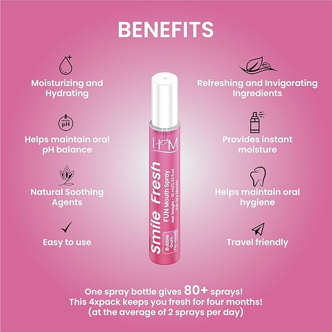 HM - Dry Mouth Fun 4 Flavoured Spray - Peach, Bubble Gum, Cotton Candy & Apple - Alcohol Free, Instantly Hydrate & Moisturize, Ph Balanced, Promotes Saliva Production & Soothes Pack of 4 x 0.33 oz