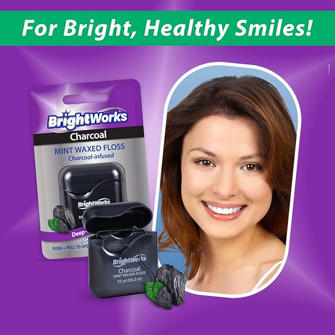 BrightWorks Activated Charcoal Dental Floss - 55 Yards (Pack of 4) - Infused Waxed with Natural Fresh Mint Flavor for Oral Care, Dental Hygiene, and Gum Health