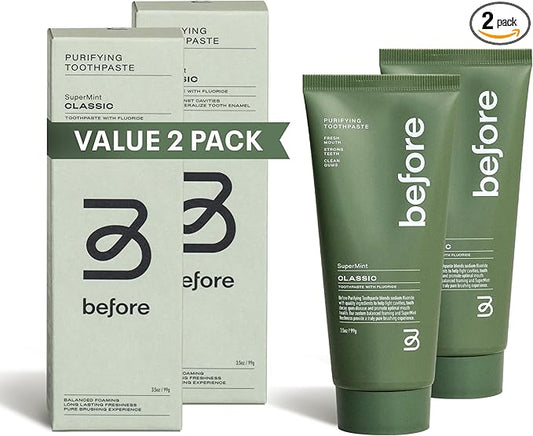 Before | Classic Anti-Cavity Toothpaste | Vegan, Reduces Plaque for Gum Health, Balanced Foaming, Low Abrasion, Long Lasting Minty Fresh Breath, Plant-Based 3.5oz Tubes, Made in The USA — 2 Pack