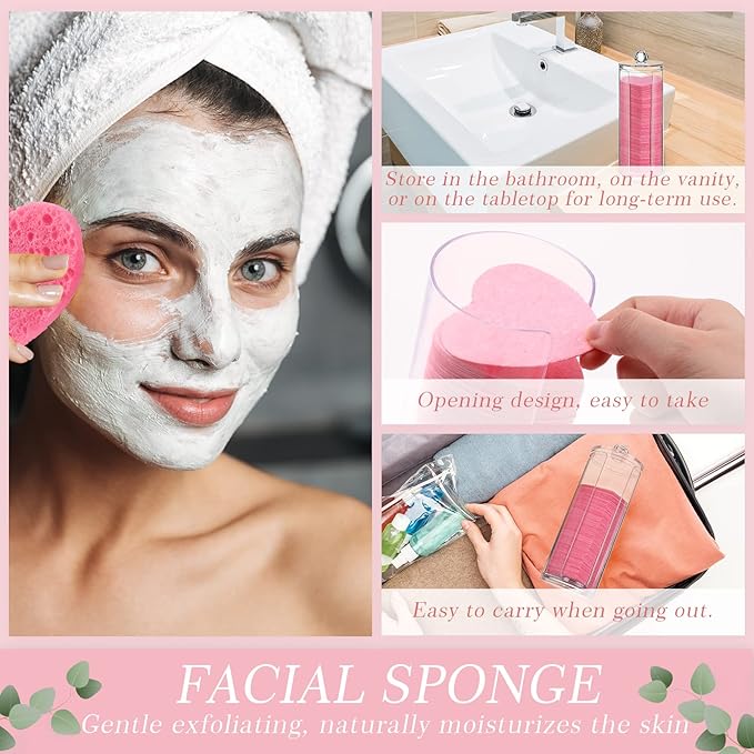Sieral 120 Pcs Compressed Facial Sponges with Container Disposable Face Sponge Pads for Washing Face Cleansing Exfoliating Esthetician Makeup Removal(Heart,Pink)
