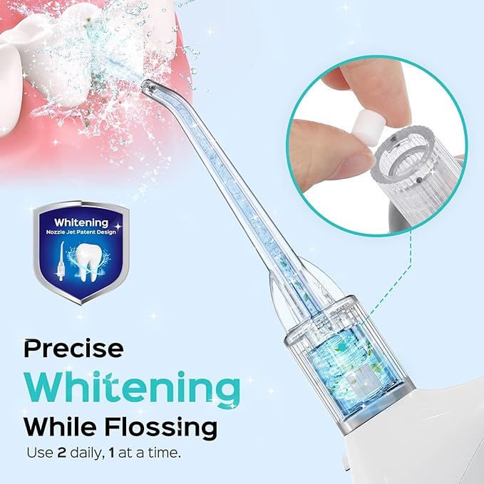 COSLUS Water Flosser Pick with 30pcs Whitening Mint Flavor Refill Combo for Teeth, Braces, Gums Care - Easy to Use, Portable for Travel & Coffee Lovers, Rechargeable, BPA-Free, White, W40(F5020E)