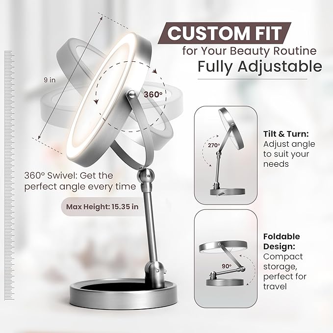 Smart 9" LED Light Makeup Mirror, Rechargeable, 1X/10X Magnifying Vanity Mirror with 3 Color Lights, Height Adjustable, Large Tall 360° Swivel Double Sided Standing Travel Mirror (Nickel)