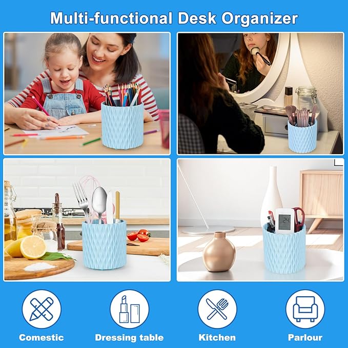 Makeup Brush Holder Organizer-360° Rotating Makeup Brush Storage,Pencil Pen Holder Cup,Desk Accessories,5 Slot Make up Brushes Cup, for Vanity Desktop Bathroom Countertop(Light Blue)