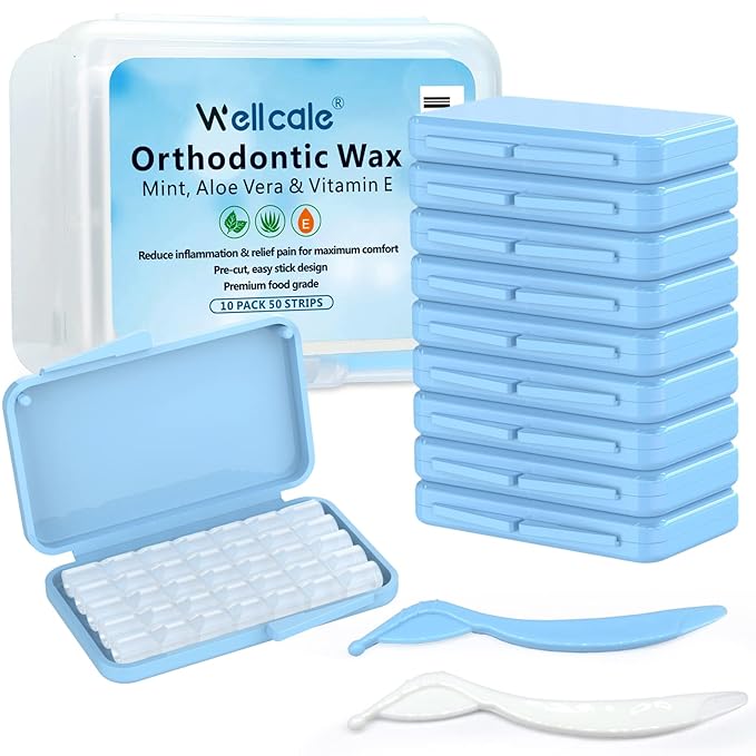 Braces Wax, Premium 50 Precut Orthodontic Wax Strips 350+ Dots, Blue Cases, w/Storage Box & 2 Applicator Tools, Food-Grade Dental Wax for Braces - Stick Better (Mint+Aloe Vera +Vitamin E)