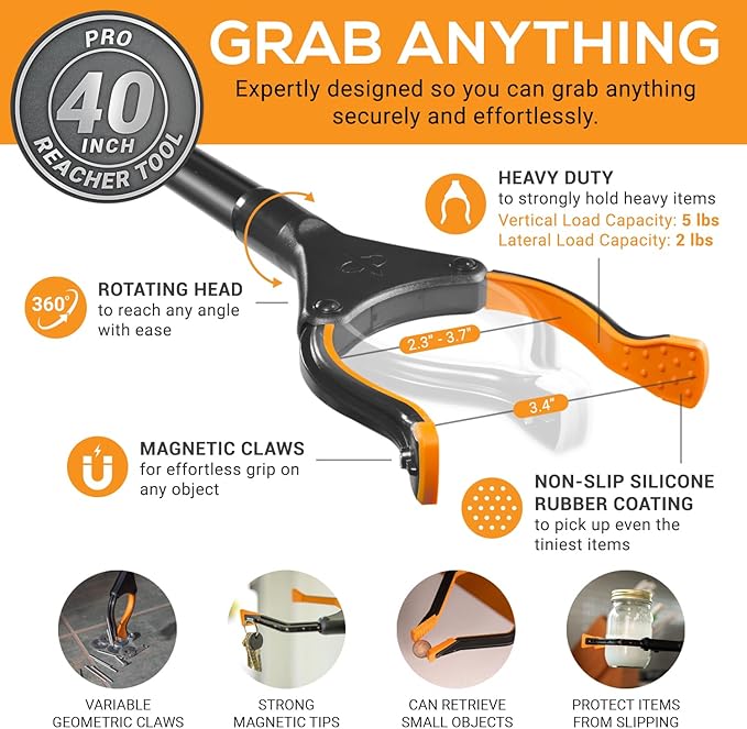 EZPIK 40" long extended grabber reacher tool for elderly - trash hand grabber pickup sticks for seniors - telescoping extension grabber claw pickup tool - hand extension magnetic folding grabber 2pack