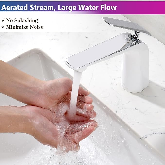 TOCALOCA White and Polished Chrome Bathroom Sink Faucet Single Handle 1 Hole Vanity Sink Faucet Cold and Hot Water Mixer Tap, Single Lever Lavatory Faucet