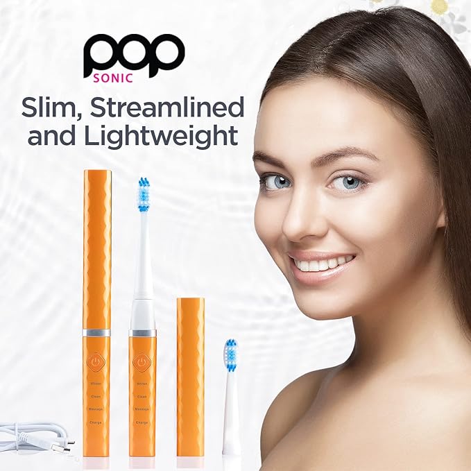 Pop Sonic USB Charge Anywhere Toothbrush(Orange) | Rechargeable Toothbrush w/Up to 40,000 Brush Strokes/Minute-Long-Lasting Dupont Nylon Bristles -Teens & Adult