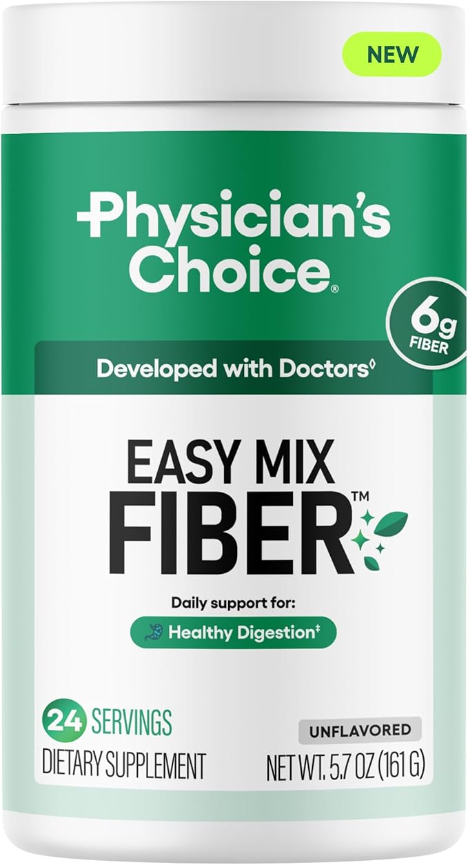 Physician's CHOICE Easy Mix Fiber for Digestive Health & Regularity - No Grit, Sugar Free, & Tasteless - Daily Prebiotic Soluble Fiber Powder Supplement for Women and Men - Unflavored - 5.7oz