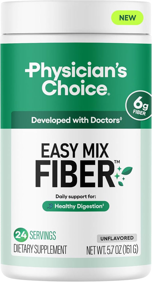 Physician's CHOICE Easy Mix Fiber for Digestive Health & Regularity - No Grit, Sugar Free, & Tasteless - Daily Prebiotic Soluble Fiber Powder Supplement for Women and Men - Unflavored - 5.7oz