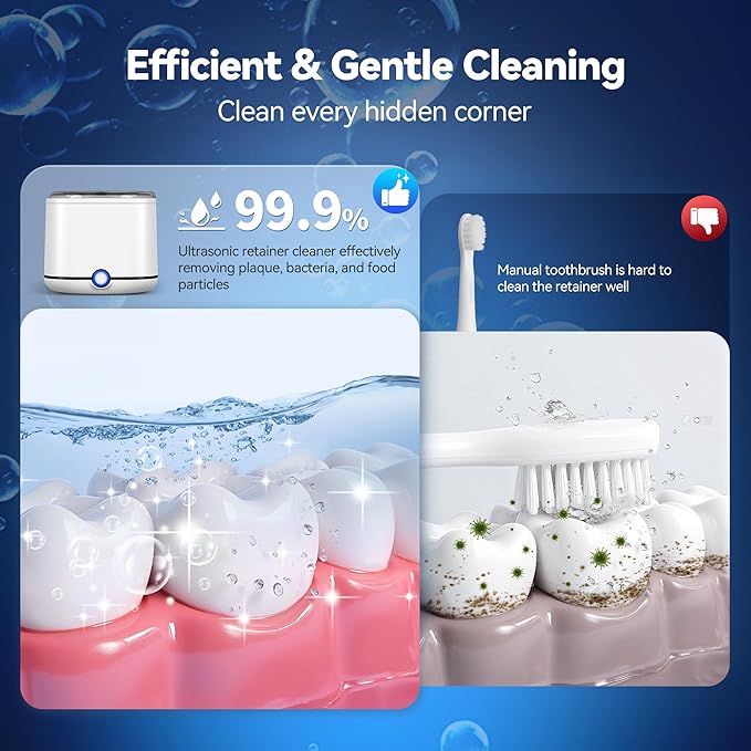 Ultrasonic Retainer Cleaner, 48kHz Retainer Cleaner Machine for Dentures, Mouthguard, Braces, Night Guard, Toothbrush, Jewelry with 7.8OZ Dental Cleaning Pod-Cool White