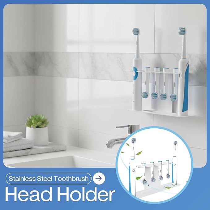 Compatible with Oralb Accessories, Stainless Steel Electric Toothbrush Heads Holder and Oralb Accessories Organizer, Adhesive or Free-Standing Installation (Electric Toothbrush Heads Holder) - White