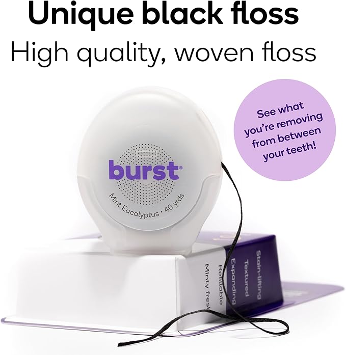 BURST Expanding Dental Floss (Mint Eucalyptus/240 Yards) | Stain Absorbing & Woven Teeth Floss with Xylitol Coating to Fight Cavities | Vegan | Paraben Free Expanding Floss