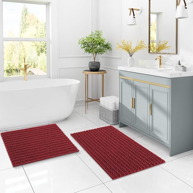 Arotive Luxury Chenille Bathroom Rug Mat, Extra Soft Thick Absorbent Shaggy Bath Rugs, Non-Slip Machine Wash Dry, Plush Bath Mats for Bathroom, Shower and Tub, 30x20, Red