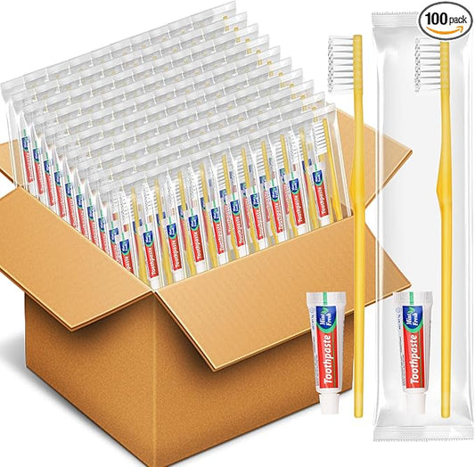 HOFASON Disposable Toothbrushes with Toothpaste Pack of 100, Yellow Hollow Travel Toothbrush Set with 5g Bulk Toothpaste Individually Wrapped for Homeless, Nursing Home, Shelter, Hotel