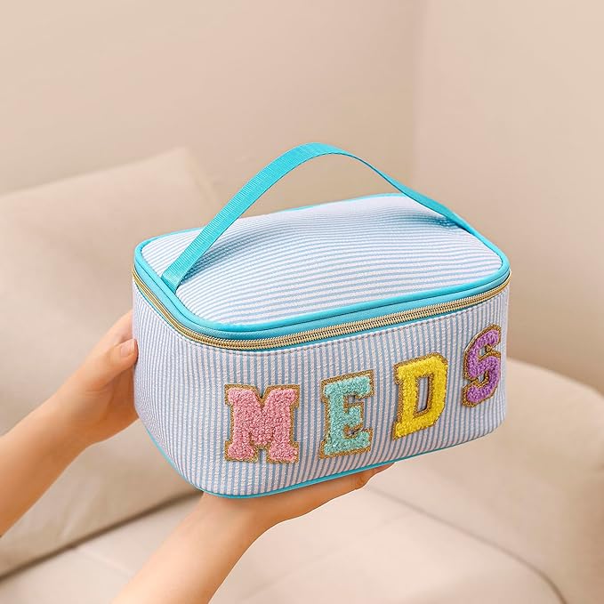 uekeboag Personalized Chenille Letter Seersucker MEDS Makeup Bag,Large Size Medicine RX Cosmetic Bag with Top Handle, First Aid Travel Organizer Bag for Women Girls(01Blue)