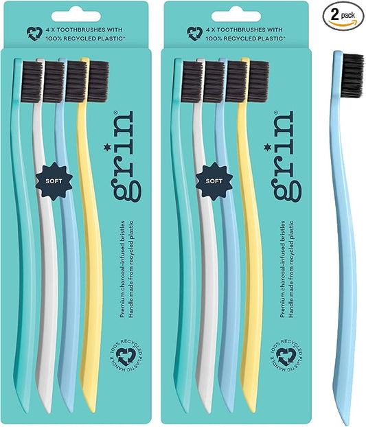 Grin Charcoal-Infused 100% Recycled Toothbrush, Soft, 4 Count (Pack of 2), Summer Beach, Suitable for Sensitive Teeth and Gums