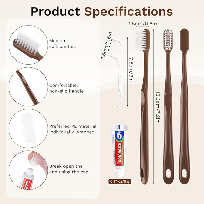 Disposable Toothbrushes with Toothpaste, Travel Toothbrush Kit, Individually Packaged, Brown, with Floss Picks, Suitable for Hotel, Home, Camping, Travel (20-Pack)
