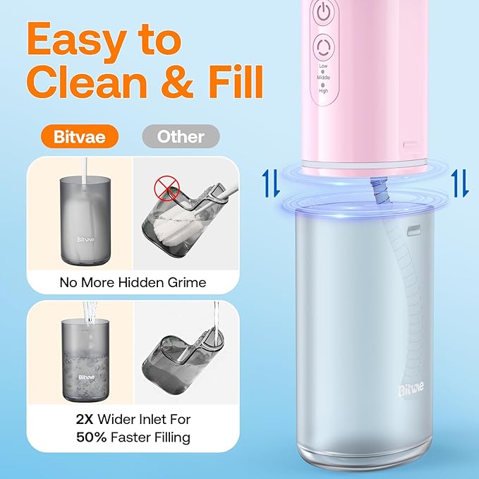 Bitvae P1 Water Flosser for Teeth, Portable Mini Water Flosser, Cordless Water Teeth Cleaner Picks with Telescopic Water Tank, Type-C Rechargeable Oral Irrigator for Travel & Home (Pink)