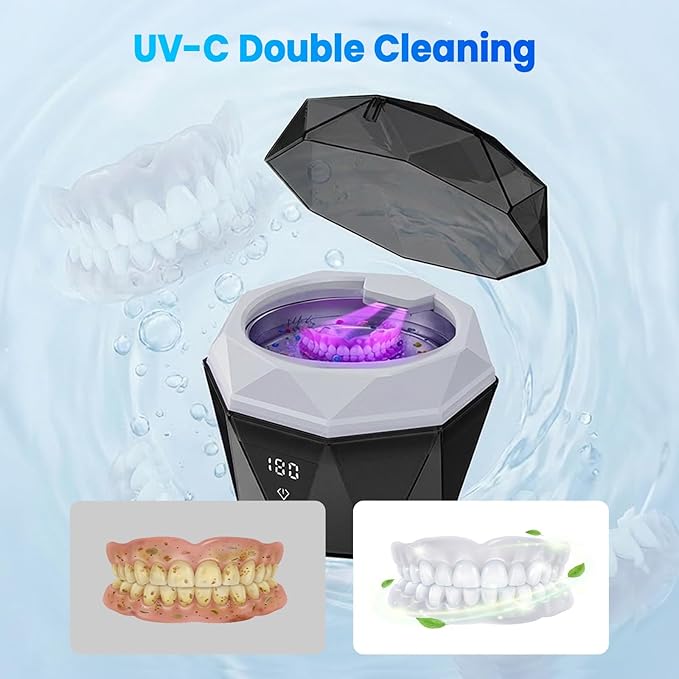 15W Ultrasonic Retainer Cleaner with 2 * 2000mAh Rechargeable Battery, LUMYSPACE 43±5KHz Denture Cleaner Machine, Digital Timer & U-V-C Lights for Braces Night Guard Mouthguard Aligners Jewelry