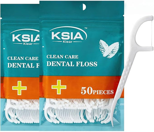 KSIA Klear Dental Floss Picks, 100 Count Tooth Picks Flossers, Dental Floss Cleaner, Dental Flossers for Family, Keep Teeth Clean, Remove Food and Plaque, with 2 Portable Sealed Pouches