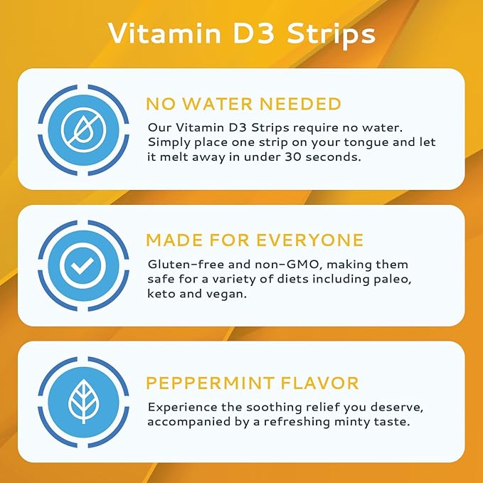 Vitamin D3 Strips 100 Pack| 2000 IU Oral Dissolvable D3 Vitamin Strips | Peppermint Flavor Melts on Your Tongue in 30 Seconds | Boost Immunity & Enhance Mental Focus with Vitamin D3 2000
