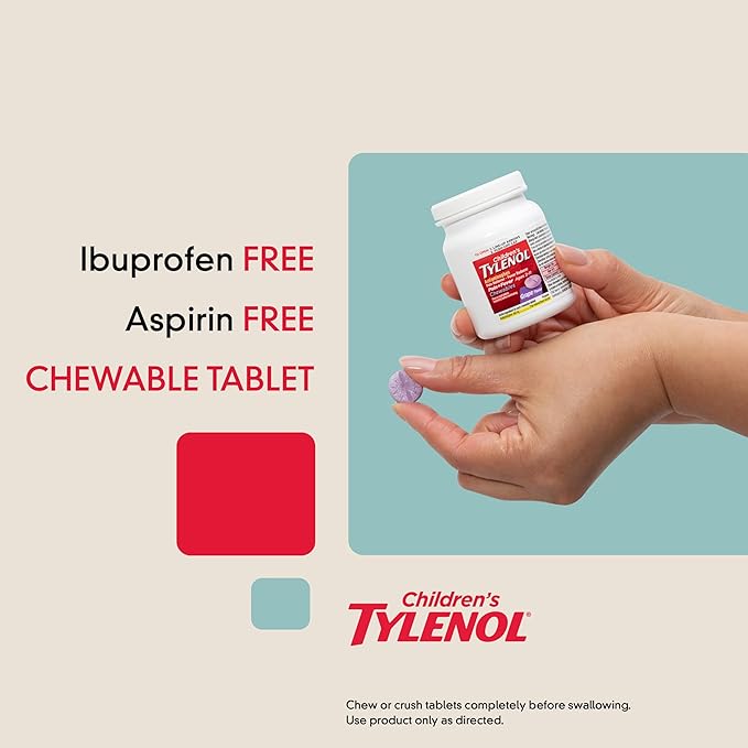 Children's Tylenol Chewables with 160 mg Acetaminophen, Pain Reliever & Fever Reducer for Kids' Cold + Flu Symptoms, Headache, Sore Throat & Toothache, Aspirin-Free, Grape Flavor, 24 ct