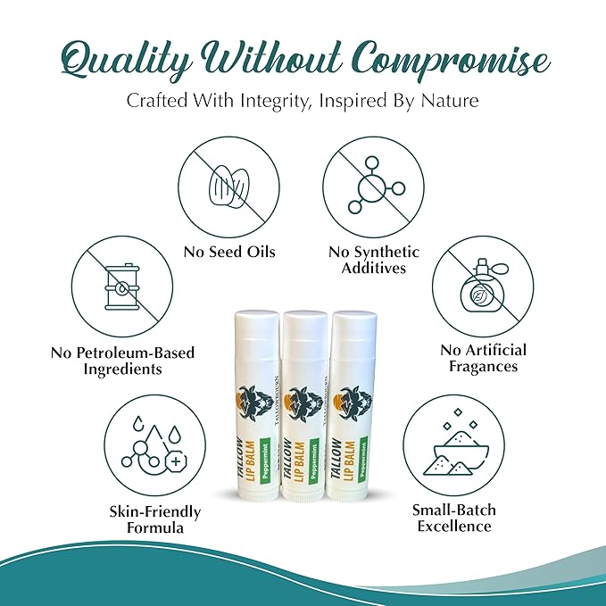 Moisturizing Tallow Lip Balm – Grass-Fed Beef Tallow with Organic Coconut Oil, Beeswax, and Vitamin E – Peppermint – Lip Balm Set – Travel Essential – 3-Pack